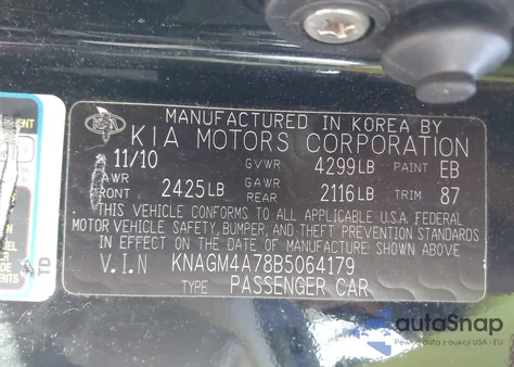 2011 Kia Optima Lx z USA, uszkodzony, nr VIN KNAGM4A78B5064179